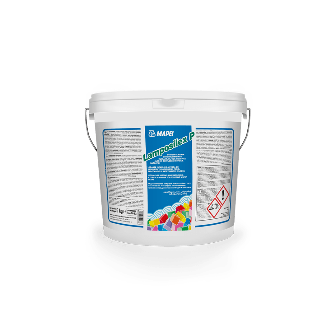 MAPEI LAMPOSILEX P 5KG Su kaçaklarını durdurmak için ultra-hızlı prizlenen ve kürlenen hidrolik bağlayıcı.