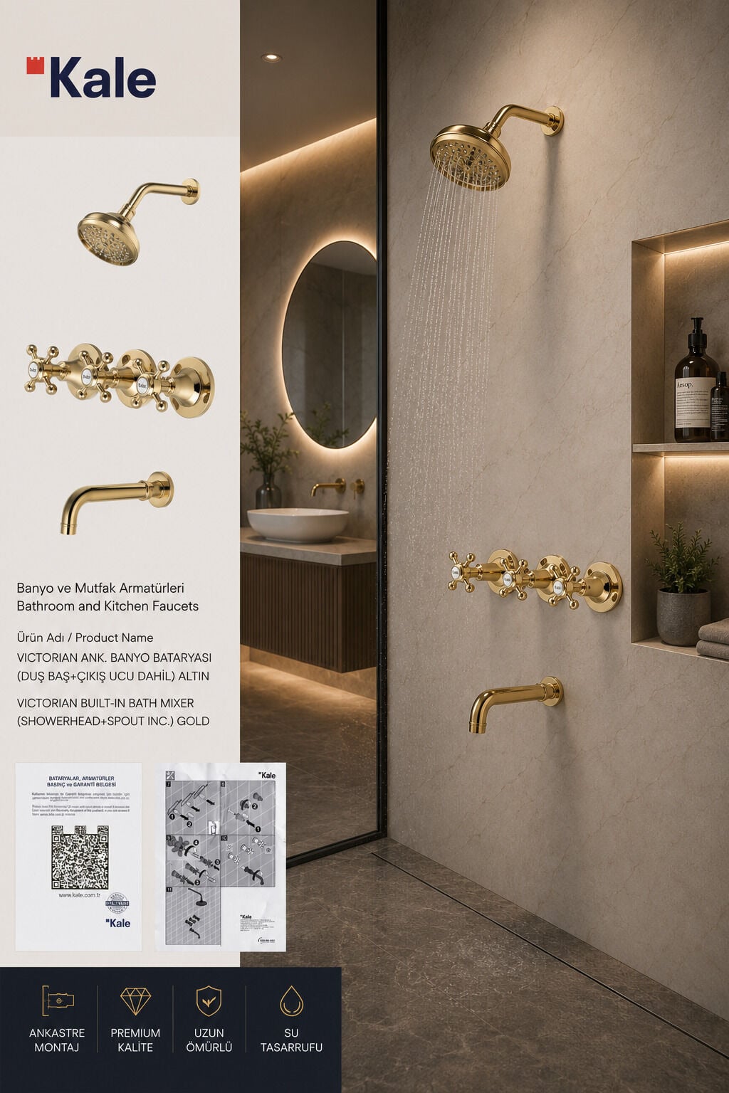 KALE VICTORIAN ANKASTRE BANYO BAT + DUŞ BAŞLIĞI ALTIN 410200500699